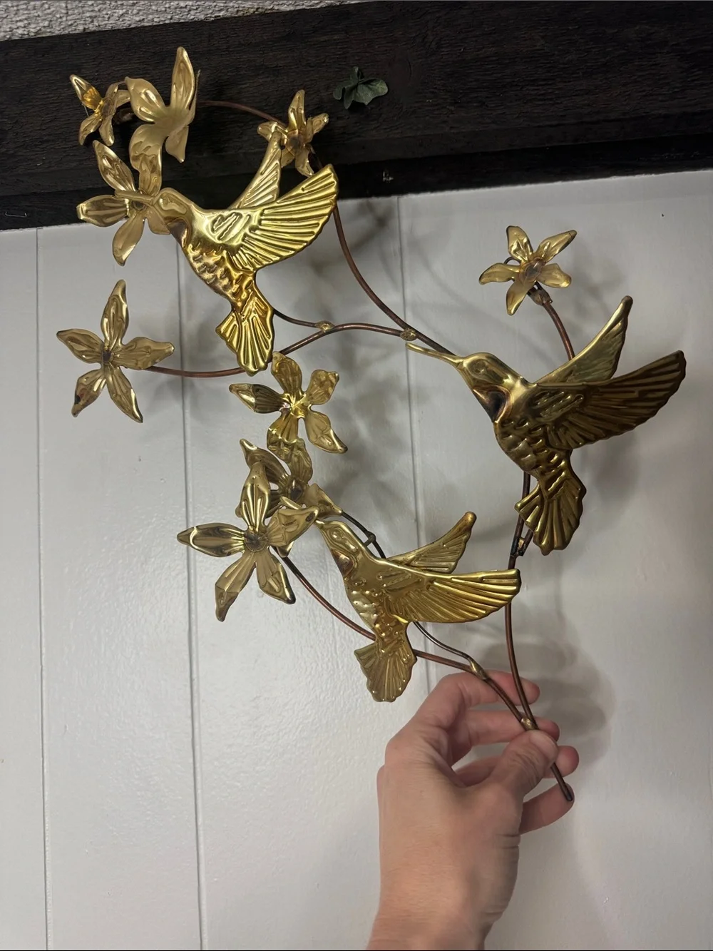 Vintage brass hummingbird flower wall decor